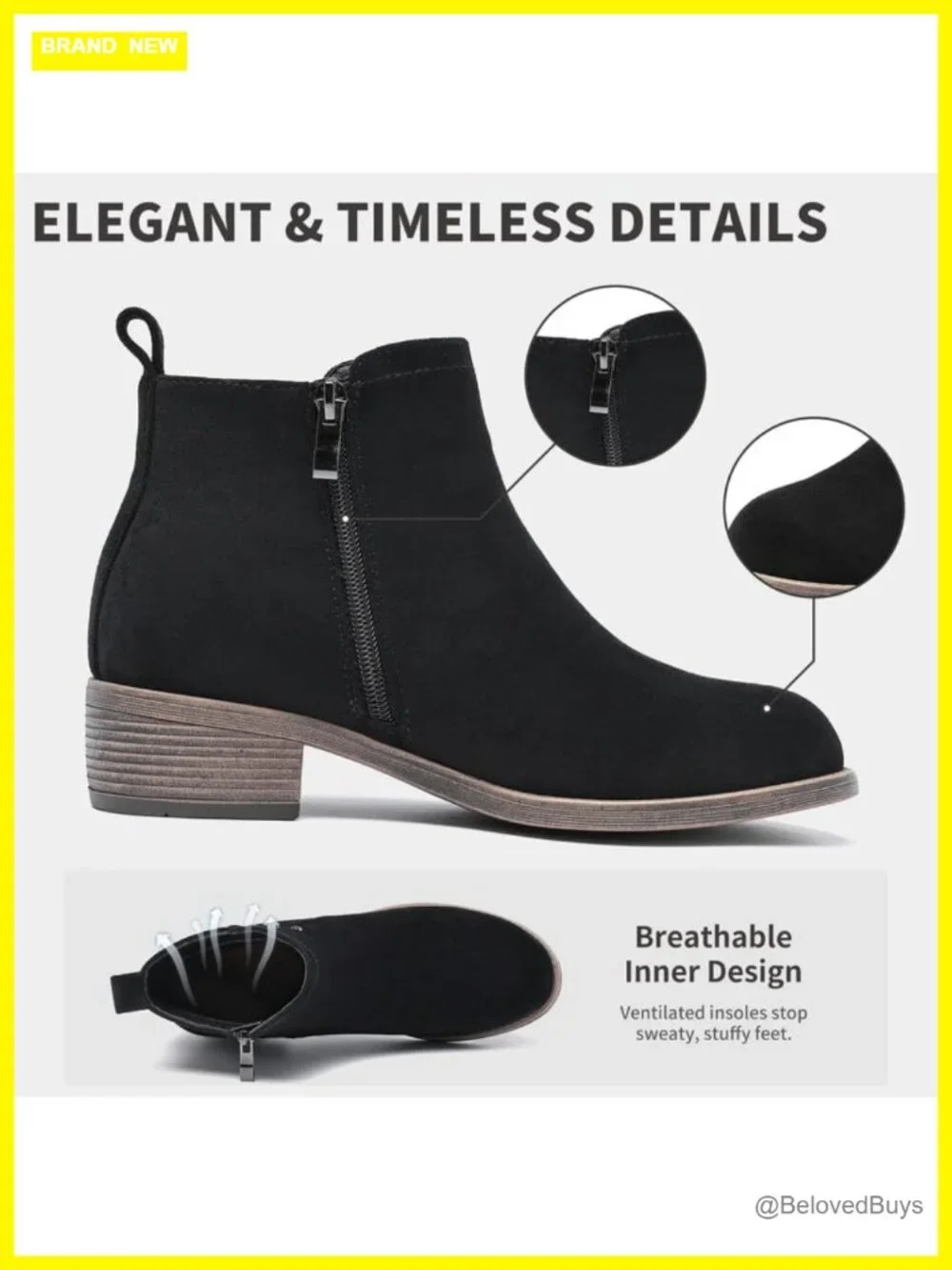 Women's Ankle Boots with Chunky Heel, Side Zipper, Anti-Slip Rubber Sole,